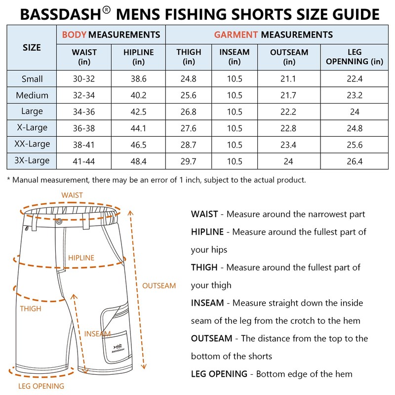 BASSDASH 10.5” Mens Fishing Cargo Shorts Quick Dry UPF 50+
