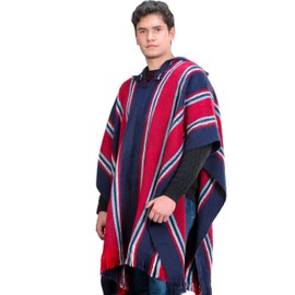 INTI ALPACA Poncho con capucha azul marino y rojo para hombre, capa de capa hecha a mano por artesanos peruanos en lana de alpaca