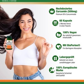Source of Nature® Curcumin 500 mg, 60 capsules, 2-month supply, more than 95% pure curcuminoids, produced in the EU, with piperine for absorption, vegan, made from turmeric, high dose