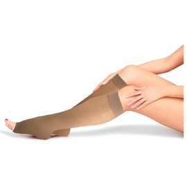 NuVein Sheer Compression Stockings for Women, 8-15 mmHg Support, Light Denier, Knee High, Open Toe, Taupe, Small