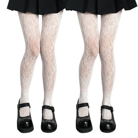 FEXPDL White Lace Tights for Women,2Pairs Patterned Tights for Women UK Lolita Vintage Fishnet Tights Lace Hollow Pantyhose(Milk White/One Size)