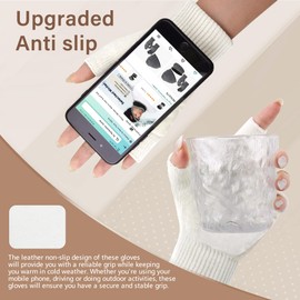 Winter Fingerless Gloves for Women Men, Chenille Warm Knit Typing Working Texting Half Finger Gloves Anti-Slip Leather Gifts