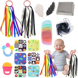 19Pcs Sensory Toys for Babies, Baby Sensory Cards, Sensory Foil Blanket, Feather, Crinkle Toys, Baby Sensory Scarf, Teething Gum, Good Gift