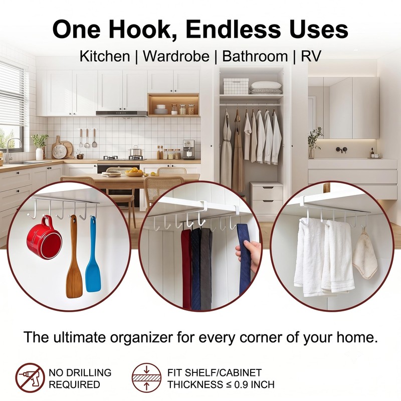 CXY Kitchen Utensil Hanger with 6 Hooks, No Drill Under