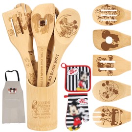 Wooden Spoon for Cooking Cartoon Wooden Spoons Bamboo Utensils Set Kitchen Decoration- Birthday Gift Kitchen Accessories with Cute Apron Oven Mitt Potholder- Mouse Kitchen Gifts for Women Friends 9PCS
