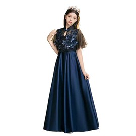 VOKLLIYU Children's Dress, For Piano Recitals, Girls, Concerts, 2 Ways To Wear This Dress, For Children's Formal Dress, Violin, Luxurious, Elegant, Junior School Student, Wedding, Birthday, Stage (1/Navy 160)