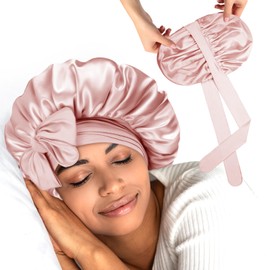 Silk Bonnet for Sleeping Women Hyaluronic Acid Satin Bonnet with Adjustable Tie Band Double Layer Hair Bonnets Protection for Curly Hair, Cream Pink