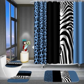 Poedist 4 Pcs Bathroom Shower Curtain Set,Blue Leopard Print Shower Curtain Bright Style Shower Curtain Sets with Rugs(Bath Mat,U Shape and Toilet Lid Cover Mat) and 12 Hooks