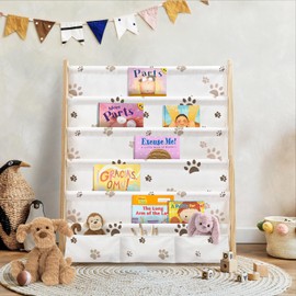 wooshwa Kids Bookshelf 5 Tier Wooden Toy and Book Storage Organizer 3 Pockets Toddler Sling Book Rack with Deep Sleeves for Baby Playroom Nursery Bedroom (Animal Footprint)