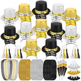 Ceenna 126 Pcs 2025 New Years Eve Party Supplies New Years Top Hats Tiaras Noisemakers New Year Party Decoration for 36 Guest(Classic Color)