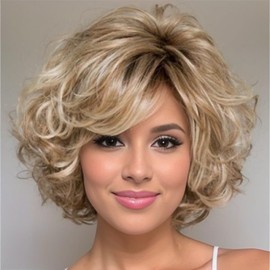 Elegant Short Blonde Curly Hair Wig for Women Fluffy Synthetic Wave Bob Wig for Daily Party Fashion Short Woman Wigs (Blonde)