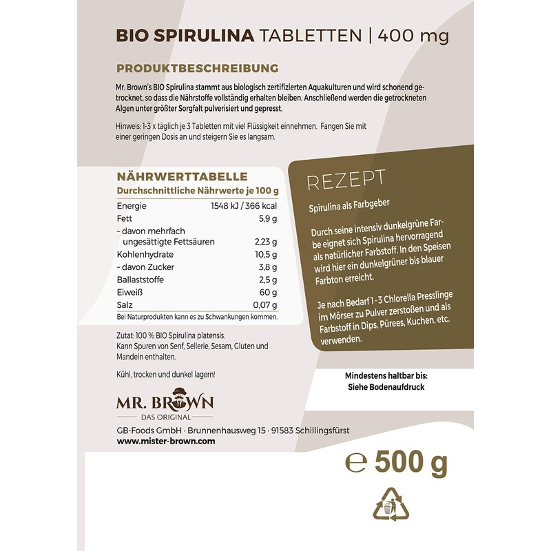 500 g Organic Spirulina Tablets, 400 mg Pellets, Organic Algae