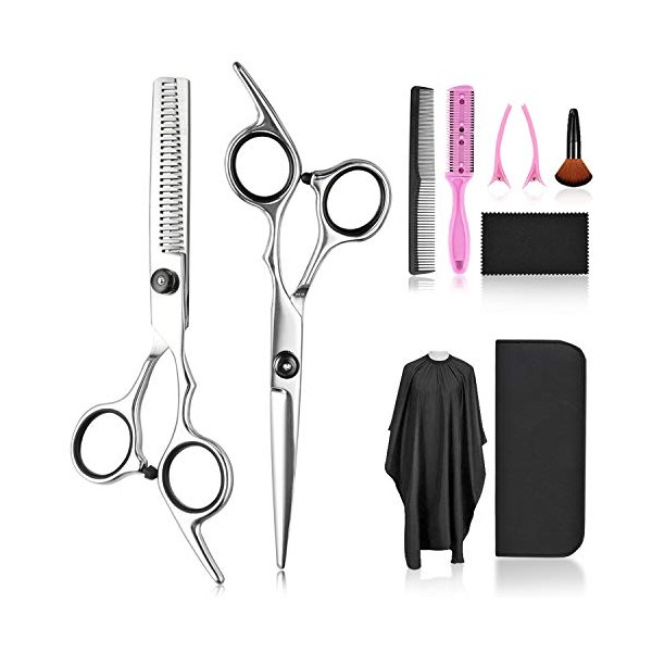 Hair Cutting Scissors Thinning Shears Set, Fcysy Professional 10 Pcs Sharp Barber Hair Cutting Kit Haircut Scissors Hairdressing Shears with Hair Scissors Accessories in Leather Case for Women Men Pet