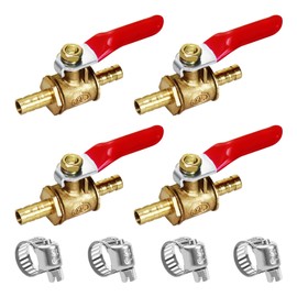 bociloy 4Pcs Forged Brass Mini Ball Valve Shut Off Switch, 1/4" Hose Barb x 1/4" Hose Barb, Water Air Fuel Pipe Tubing Fitting Coupler, 180 Degree Operation Handle with 4 Hose Clamps