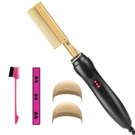 Professional Portable Electric Ceramic Hot Comb Hair Straightener Edge Control Brush Wig Bands Wig Caps Hot Comb Set for Wigscolor: Hot Comb Set-Brown