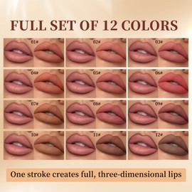Aseawave Matte Lip Liner Set, 12 Colors Brown Tone Natural Lip Makeup, Ultra Fine Lip Liner & Eyeliner Set, Creamy, Long Lasting, High Pigmented Pencil, Various Shades of Brown