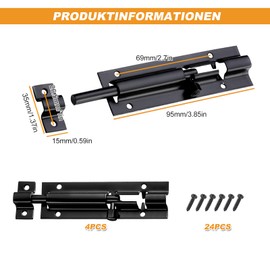 Security Door Bolt Made of Stainless Steel, Pack of 4 Sliding Door Lock with 24 Screws, Sliding Lock Door Bolt Latch, Stainless Steel Bolt Lock for Garden Gate, Bathroom, Shed (4 Inches, Black)
