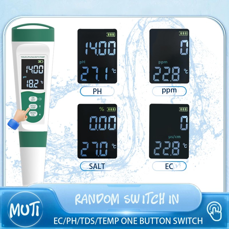5-in-1 Water Quality Tester - TDS/PH/Temp/Salt/EC Meter - High-Precision Chip