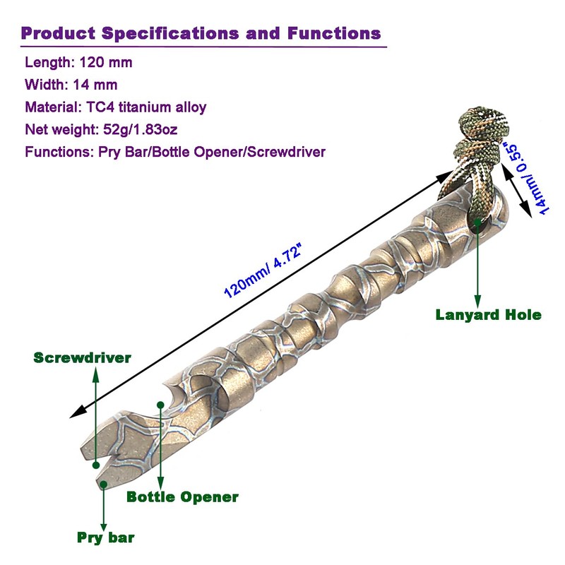 Titanium EDC Pry Bar with Bottle Opener Screwdriver Function Portable