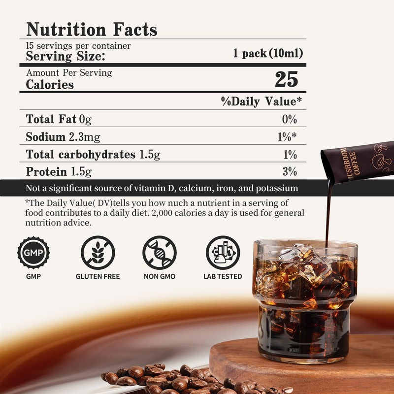 Cold Brew Mushroom Coffee, 15 Packets, Coffee Concentrate Liquid with
