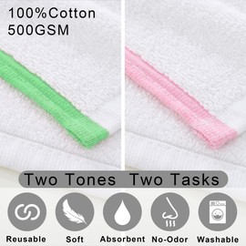 Bar Towels for Kitchen Cotton, Cleaning Rags Set of 6, 12"x12" - 100% Cotton | No-Odor | 500GSM | Absorb | Soft, Washable Dishcloths for Kitchen, White Reusable Washcloths, Green Trim + Pink Trim