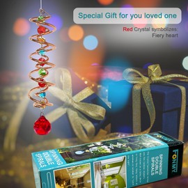 FONMY Gazing Ball Spiral Tail -Decorative Wind Spinner Sun Catcher Rainbow Maker Copper Double-Spiral W/Red Crystal Ball and Chain Crystals Beads for Indoor Outdoor Garden Decoration -14 inch Height