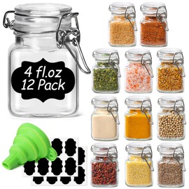 ComSaf 4 oz Glass Jars with Lid, Set of 12 Mini Airtight Glass Jars, Spice Jars, Small Mason Jar, Canning Jar Square with Seal Wire Clip Fastening, Labels & Funnels for Jam, Honey, Kitchen, Wedding