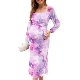 CYCLAMEN Mesh Maternity Dress Cocktail Wedding Guest Baby Shower Pregnancy Shoot Fall Pastel Floral Ruched, Pink Purple Floral, XL