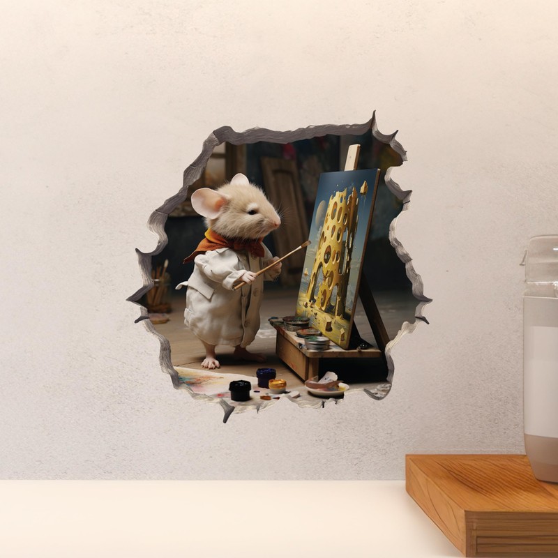 Painter Artist Mouse in Hole Decal - 3D Wall Sticker
