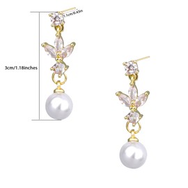 Dainty Pearl Dangle Earrings for Women, Gold Plating CZ Pearl Drop Earrings with Cubic Zirconia Wedding Jewelry for Bridal Anniversaries Prom Party Gift