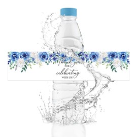 URROMA Water Bottle Labels, 50Pcs Blue and White Flowers Thank You for Celebrating with Us Waterproof Bottle Sticker for Wedding Birthday Graduation Baby Shower