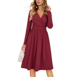 OUGES Women's Summer Dress, Short Sleeve, V-Neck, Knee Length, Floral Pattern Midi Dress with Pockets, Wine 01
