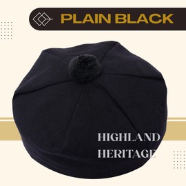 Scottish Tartan Tam O' Shatner Hat - Unisex Highland Cap - One Size Fits All, Wool Tammy Hat with Pom Pom (Plain Black)