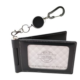 HERBE Pass Case, 4 Side Storage, Cowhide Leather, Reel Strap, Rotatable, Made in Japan, Black