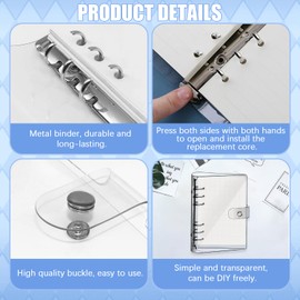 WODJR 8Pcs A6 Clear Binder Cover Clear PVC Notebook Binder Clear PVC Binder 6 Ring Binder Cover Loose Leaf Binder Protector with Snap Button Closure Loose Leaf Folder Soft PVC Notebook Shell Protector