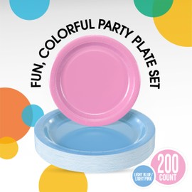 Exquisite Light Blue & Light Pink Paper Plates 200 Pack - 7"" Light Pink Paper Plates & 9"" Light Blue Paper Plates - Disposable Plates, Bulk Paper Plates, Disposable Paper Plates, 97513/97418