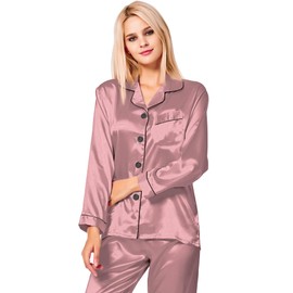 SWOMOG Satin Women's Pyjamas with Button Placket Long Sleeve Sleepwear Pyjamas Set Two Piece Sleepwear Leisure Suit PJs, Misty Rose