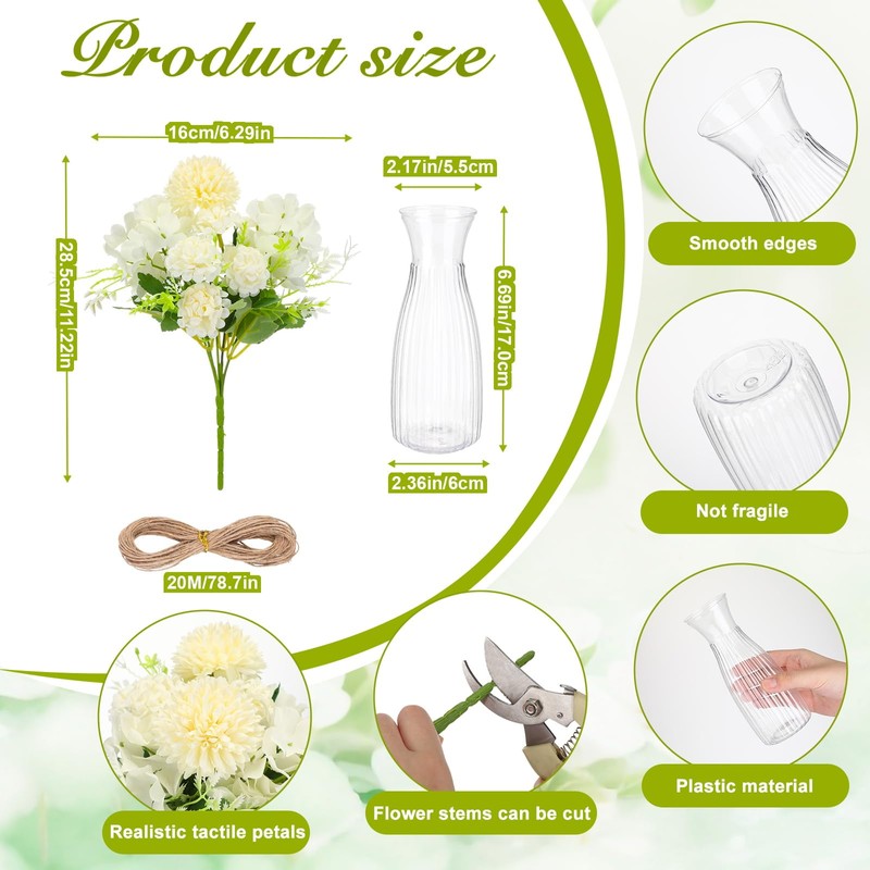 31 Pack Hydrangea Artificial Flowers with 10 Clear Plastic Vases