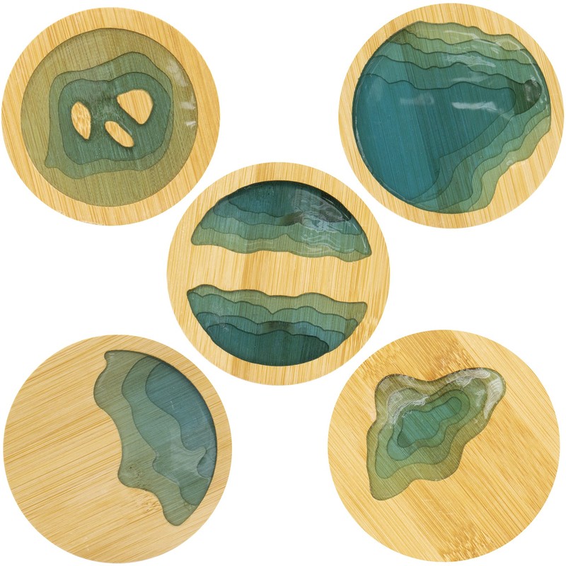 Round Ocean Wave Epoxy Resin and Bamboo Coaster Drink Mat