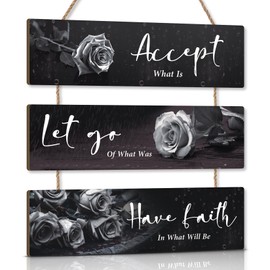 KAIRNE Black Flower Wall Decor Motivational Words Hanging Sign Rose Flowers Accept Let Go Have Faith Quotes for Girls Women Living Room Inspirational Quotes Wall Plaque for Office Bathroom