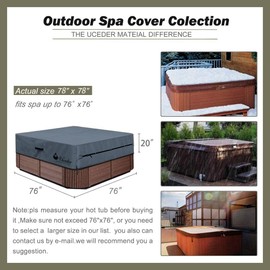 UCEDER Waterproof Hot Tub Cover -Outdoor Spa Cover Cap(Actual Size 78''x78 x20'' Fit 76''x76 x 20'') 600D Heavy Duty Polyester Hot Tub Cover Protector(Dark Gray)