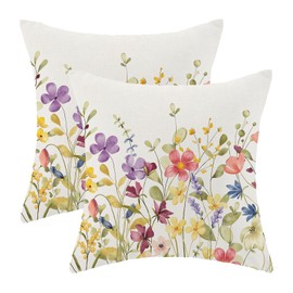 AEIOAE Spring Pillow Covers 18x18 Inch Set of 2, Colorful Wild Flower Leaves Plant Throw Pillows Case,Seasonal Floral Outdoor Decorative Farmhouse Decor Cushion Covers for Home Sofa Bed Couch