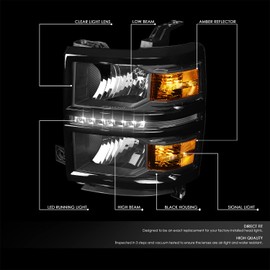 Auto Dynasty LED DRL Headlights Assembly Compatible with Chevy Silverado 1500 2014 2015, Driver and Passenger Side, Black Housing Clear Lens