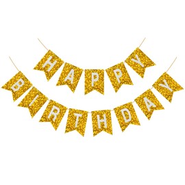 JHZMCRX Glitter Happy Birthday Banner Sign Wall Door Banners for Women Men Boys Girls Birthday Party Backdrop Garland Decorations, Letters Name Banners Flag Decors Shiny Gold