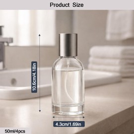 ROHIJALE 50ml/1.7oz Clear Glass Spray Bottles 4 Pack, Refillable Fine Mist Perfume Bottles with Silver Caps, Empty Atomizer Spray Bottle for Essential Oils, Travel Cosmetic Container,Facial Mist
