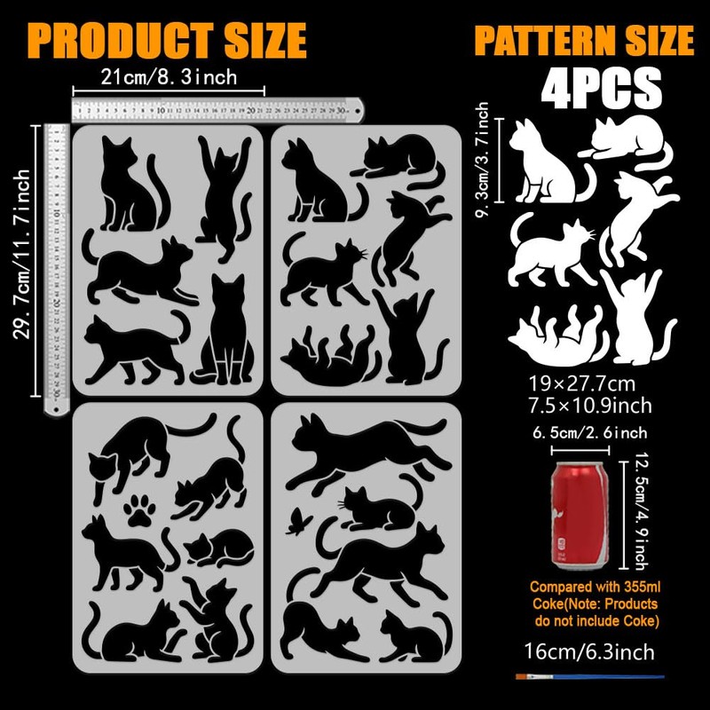 FINGERINSPIRE 4Pcs Silhouette of the Cat Stencils with Paint Brush