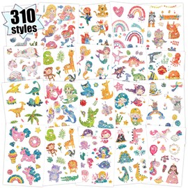 Partywind 310 Styles Glitter Party Supplies for Kids, Temporary Tattoos for Kids Birthday Party Decorations Favors, Surprise Goodie Bag Stuffers with Dinosaur/Mermaid/Animals (28 Sheets)