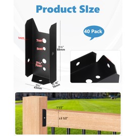 AOKLIT 2x4 Fence Brackets for Wood Rail, 40 Pack Black Deck Railing Brackets for 2” X 4” Wood Post, Thickness1.2mm(18 Gauge) Fence Bracket, Screws Not Included