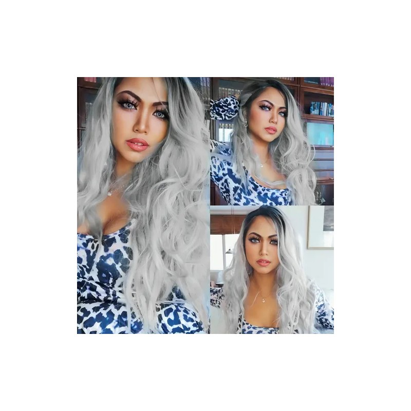 Peluca Larga De Mujer Color Gris Degradado Pelo Ola Natural