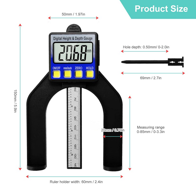 RUIZHI Digital Depth Gauge Altimeter 0-85 mm Profile Depth Gauge